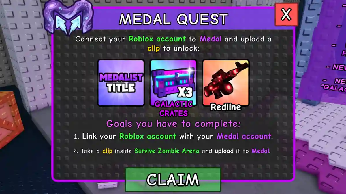 Claim Medal Quest in Survive Zombie Arena (Roblox)